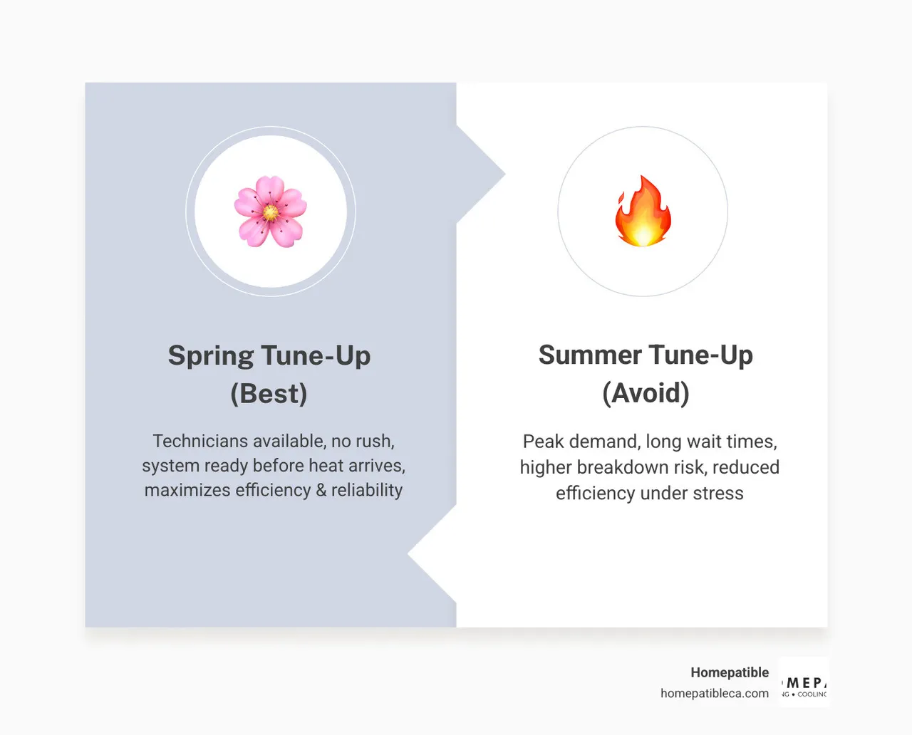 Infographic showing best months for AC tune-up scheduling with seasonal benefits and risks - best time of year to schedule