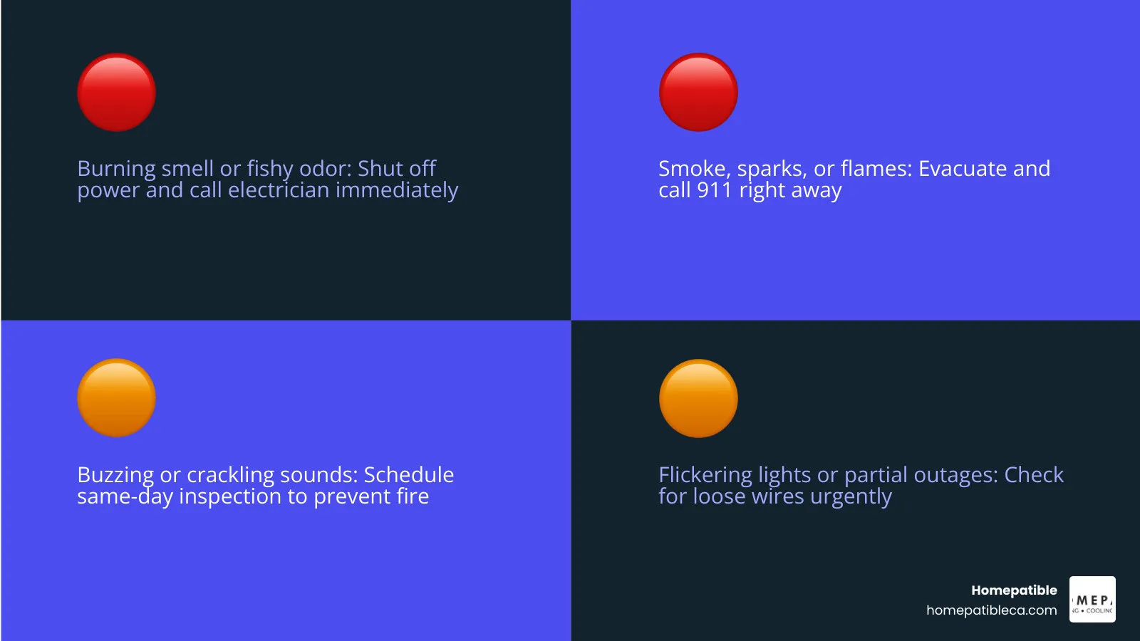 Infographic showing urgent electrical emergency warning signs and immediate action steps for homeowners - signs you have an Infographic showing urgent electrical emergency warning signs and immediate action steps for homeowners - signs you have an