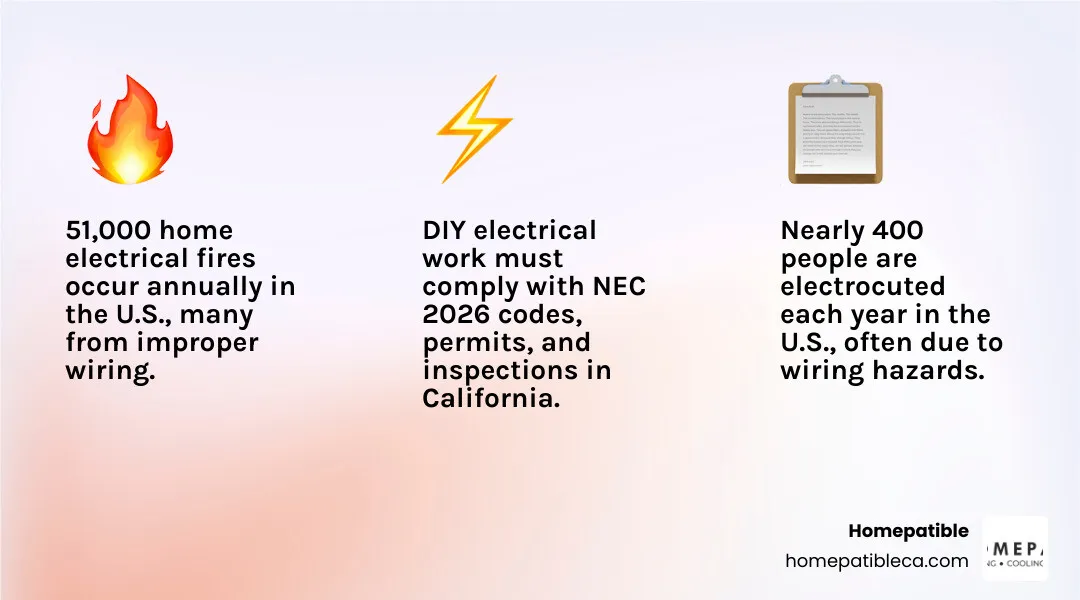 Infographic showing DIY electrical safety tiers from safe tasks to pro-only work and annual U.S. fire statistics - is it Infographic showing DIY electrical safety tiers from safe tasks to pro-only work and annual U.S. fire statistics - is it