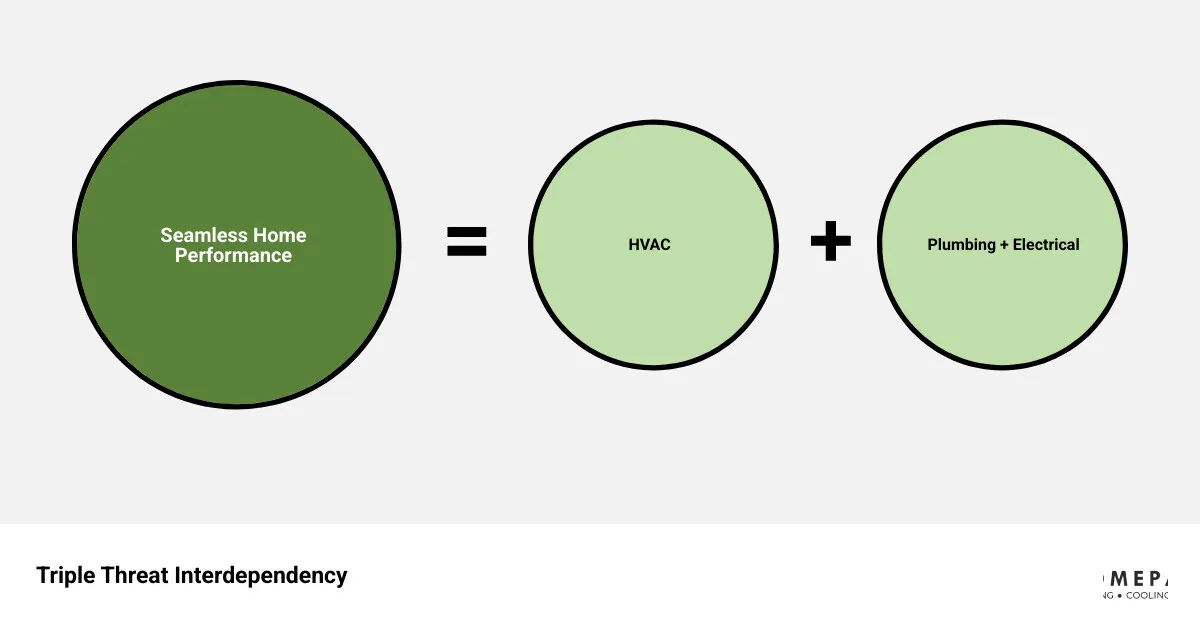 Infographic showing the Triple Threat interdependency of HVAC plumbing and electrical in a home - why choose a company for Infographic showing the Triple Threat interdependency of HVAC plumbing and electrical in a home - why choose a company for