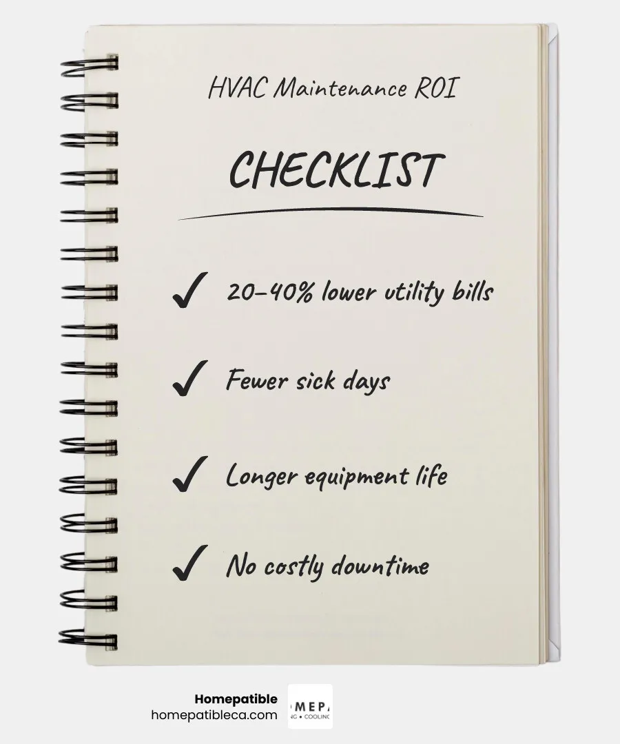 Infographic showing ROI of preventative HVAC maintenance: energy savings, lifespan extension, productivity gains, and Infographic showing ROI of preventative HVAC maintenance: energy savings, lifespan extension, productivity gains, and