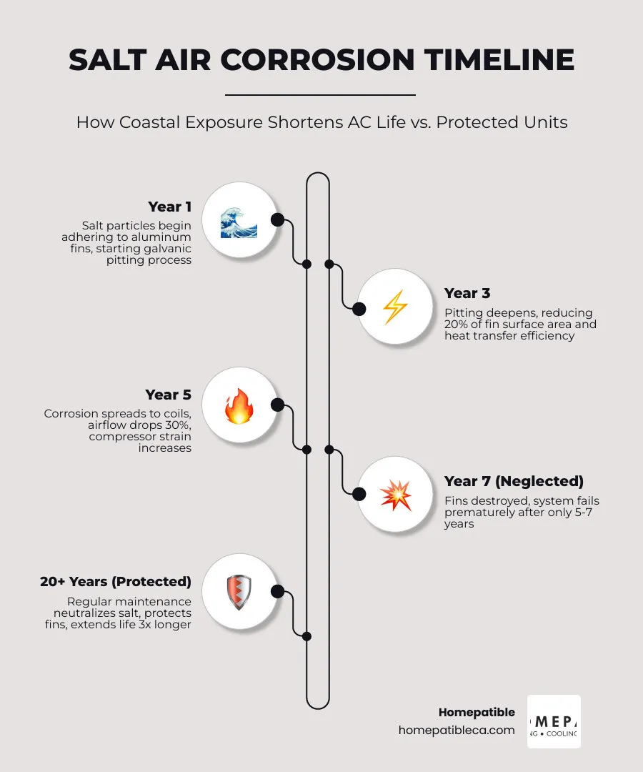 Infographic showing how salt air corrodes AC components over time versus a protected unit infographic Infographic showing how salt air corrodes AC components over time versus a protected unit infographic