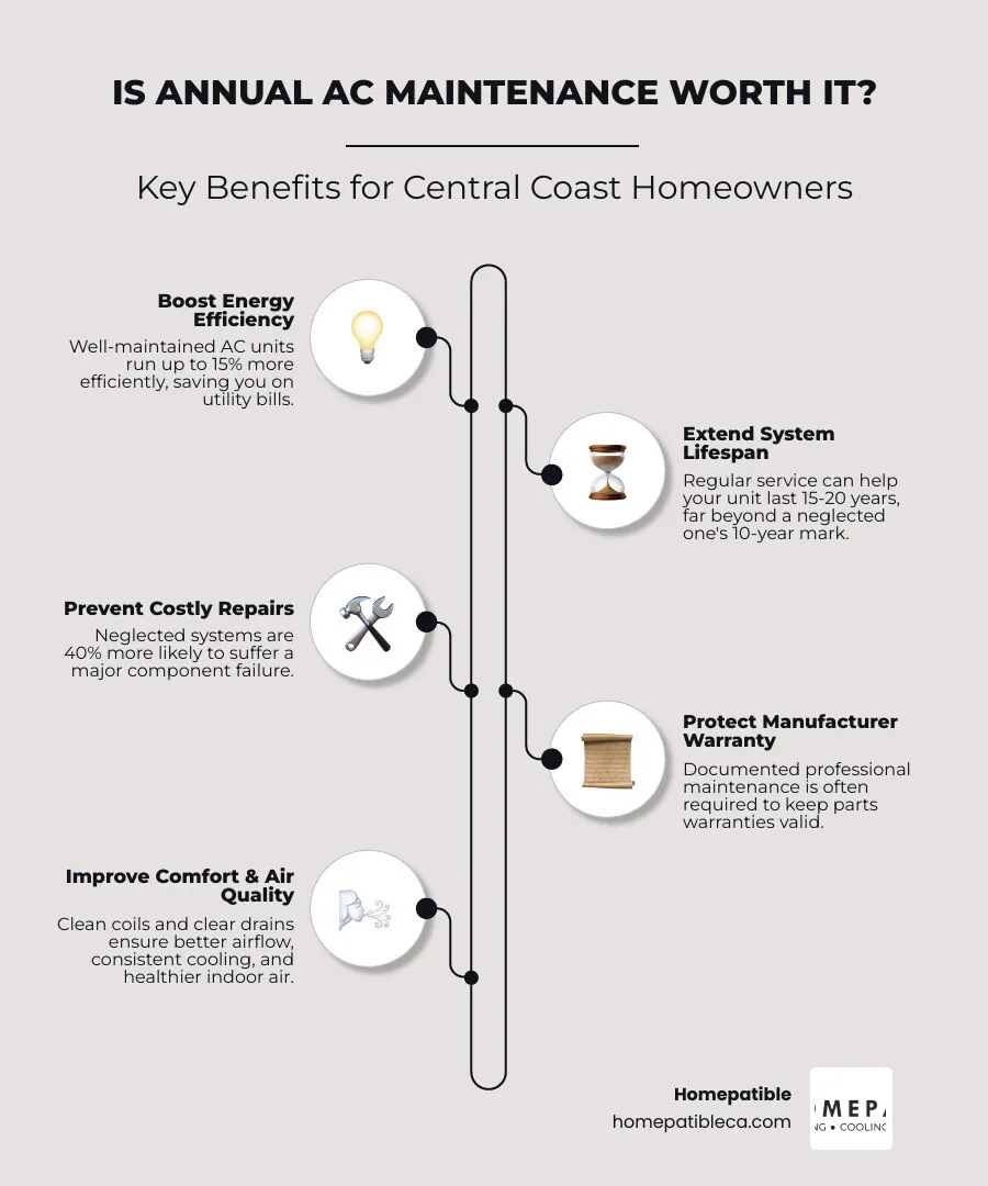 Infographic showing top 5 benefits of annual AC maintenance: efficiency, lifespan, fewer repairs, warranty, air quality Infographic showing top 5 benefits of annual AC maintenance: efficiency, lifespan, fewer repairs, warranty, air quality