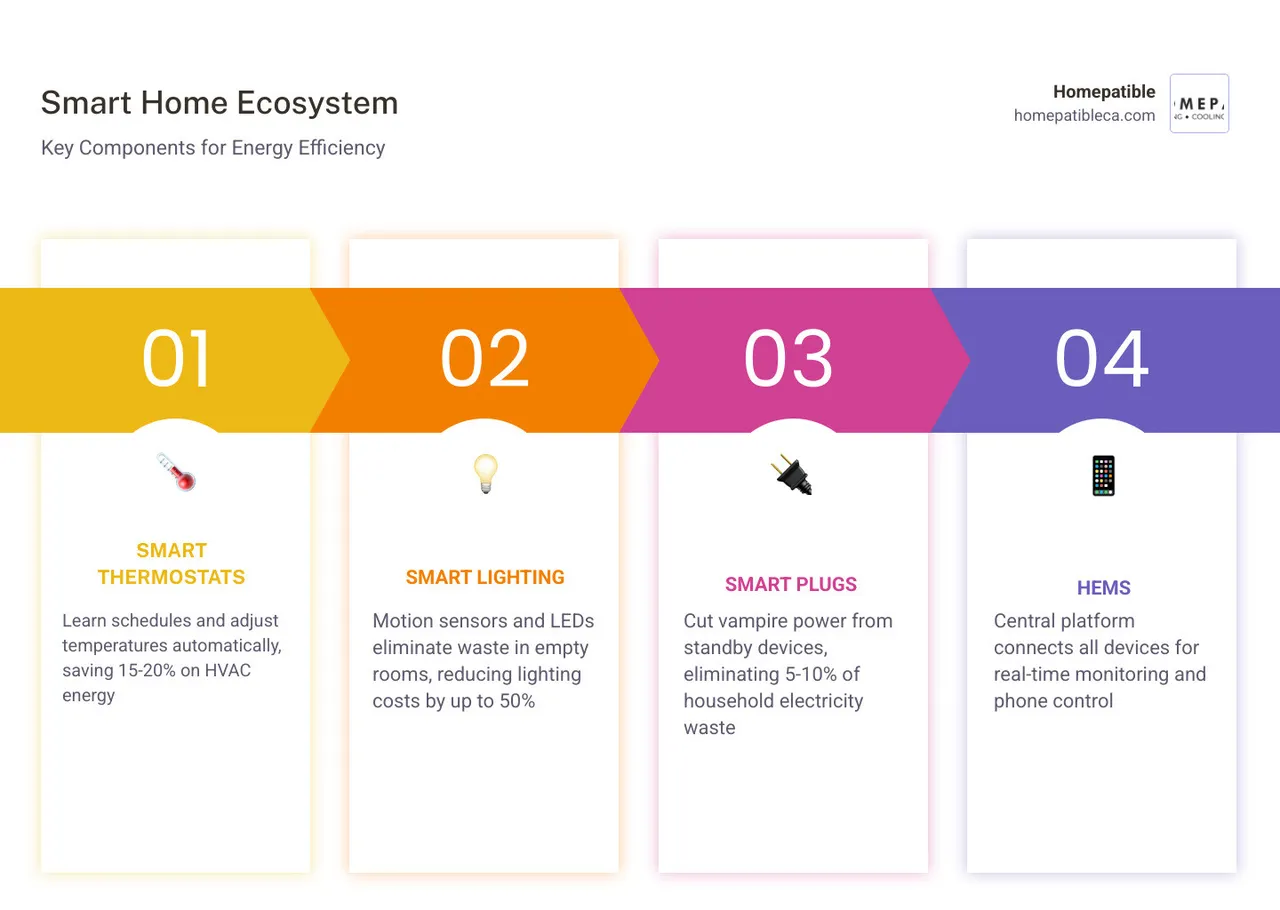 infographic showing smart home ecosystem with thermostat, lighting, appliances, solar, and HEMS all connected - how smart