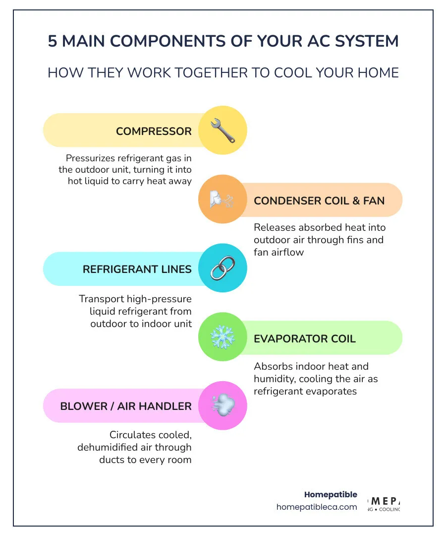 infographic showing 5 main components of a central air conditioning cooling system and their functions - understanding the infographic showing 5 main components of a central air conditioning cooling system and their functions - understanding the