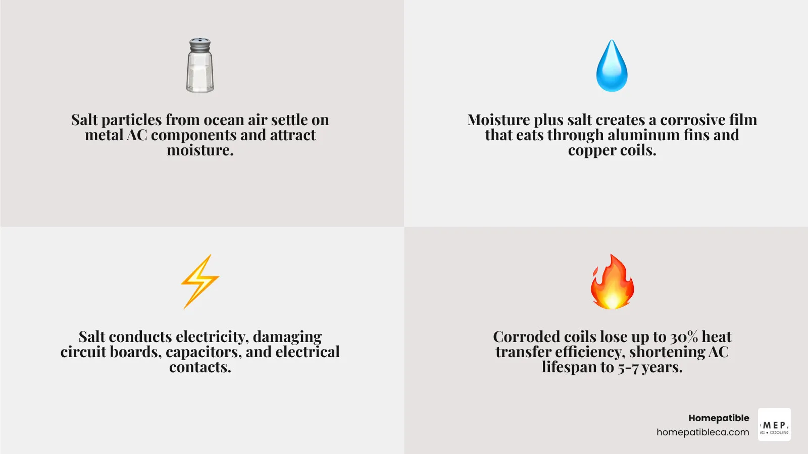 Infographic showing the corrosive cocktail of salt air and coastal humidity and its effects on AC components - how salt air Infographic showing the corrosive cocktail of salt air and coastal humidity and its effects on AC components - how salt air