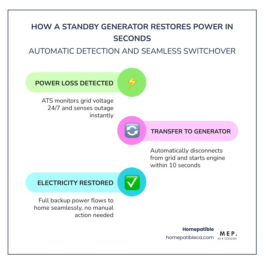 Infographic showing how a standby generator detects power loss and restores electricity automatically in seconds - generator Infographic showing how a standby generator detects power loss and restores electricity automatically in seconds - generator