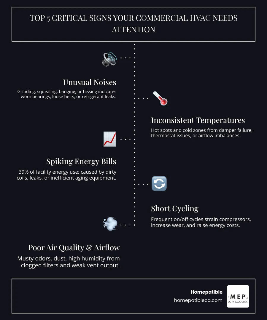 Infographic showing top 10 commercial HVAC warning signs with icons for noises, energy bills, odors, and airflow - signs Infographic showing top 10 commercial HVAC warning signs with icons for noises, energy bills, odors, and airflow - signs