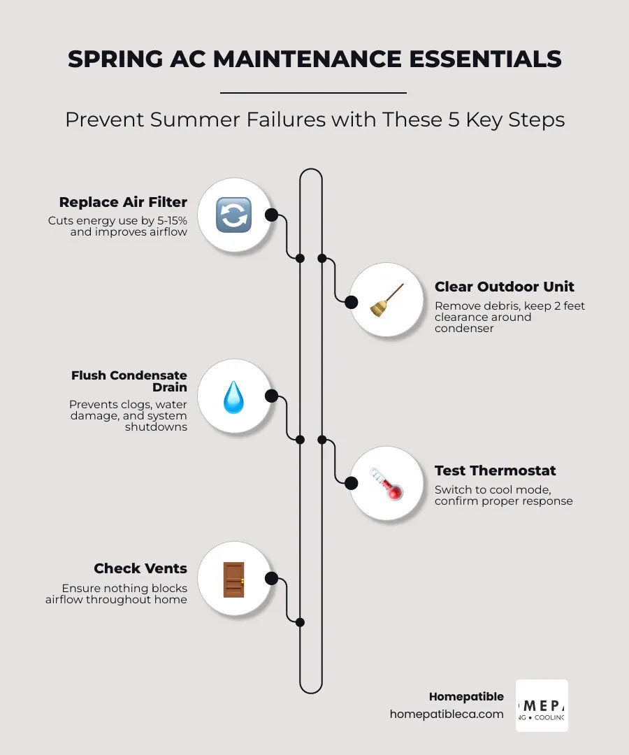 Spring AC maintenance checklist infographic showing 6 key steps from filter replacement to professional tune-up - spring ac