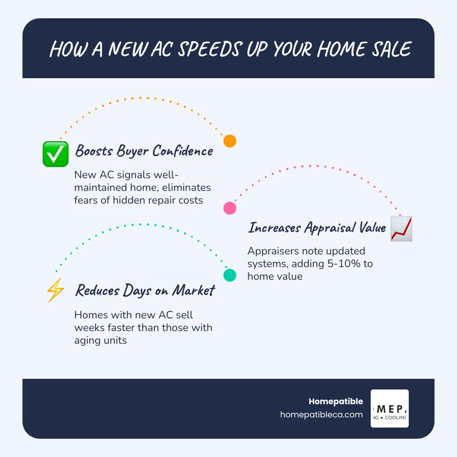 Infographic showing how a new AC system impacts home selling timeline, value increase, buyer confidence, and inspection Infographic showing how a new AC system impacts home selling timeline, value increase, buyer confidence, and inspection