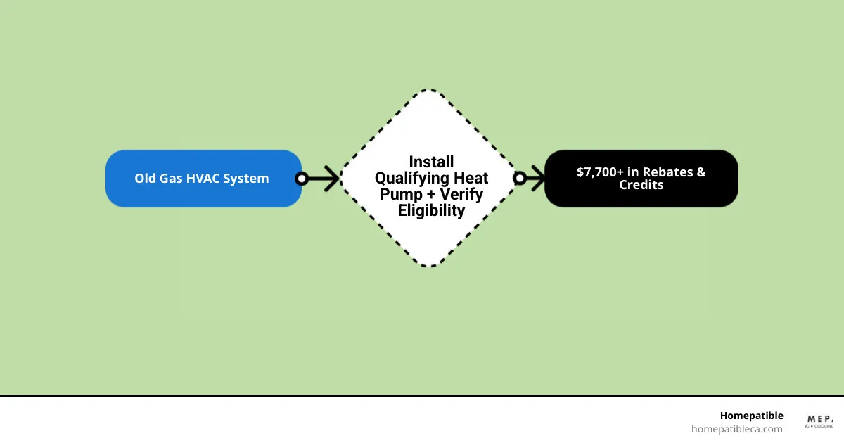 Infographic showing how to stack federal 25C tax credits with HEEHRA and local utility HVAC rebates in California